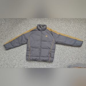 Adidas Men's (Size L) Gray Puffer/Winter Jacket with Signature Yellow Stripes